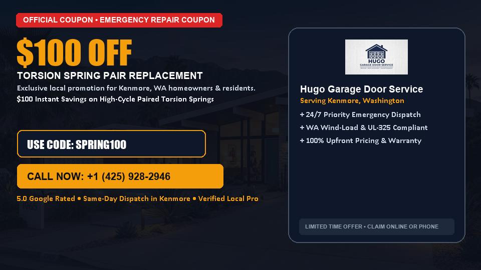 Hugo Garage Door Service $100 OFF Dual Torsion Spring Replacement in Kenmore, WA