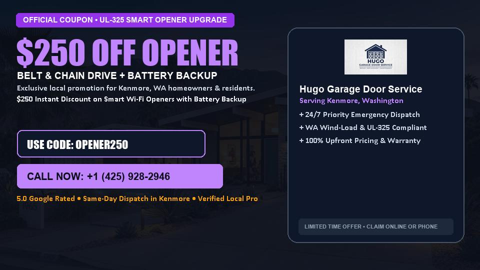 Hugo Garage Door Service $250 OFF Premium LiftMaster Opener Installation in Kenmore, WA